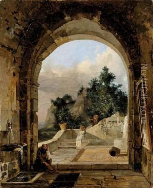 Moine En Meditation Sous Une Arcade. Oil Painting - Lancelot Theodore Turpin De Crisse