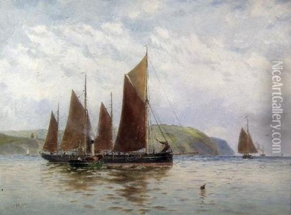 Fishing Boat And Steam Launch Becalmed Off Coast Oil Painting - Walter William May