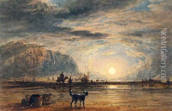 Beach Scene - Sunrise, c.1820 Oil Painting - David Cox
