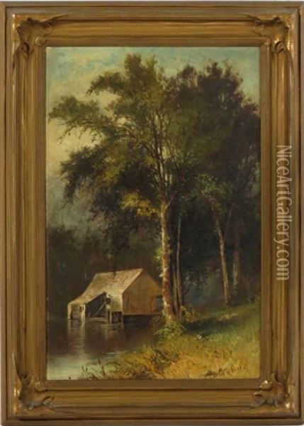 Cabin By Forest Pond Oil Painting - Julie Hart Beers