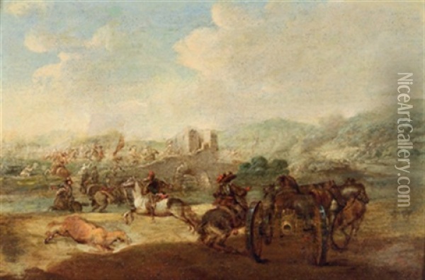 Reitergefecht, Im Vordergrund Eine Kanone Mit Einem Reiter Oil Painting - August Querfurt