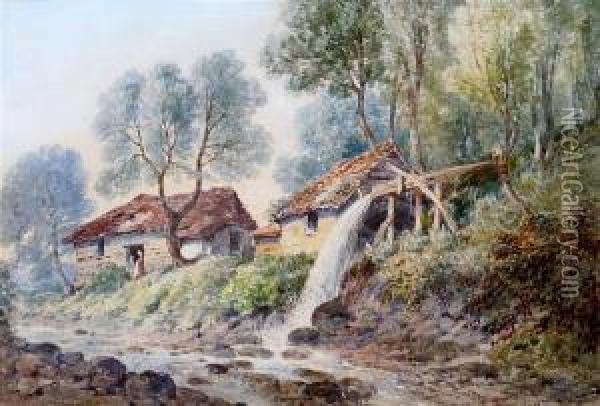 Watermill On A Riverbank Oil Painting - Aaron Edwin Penley