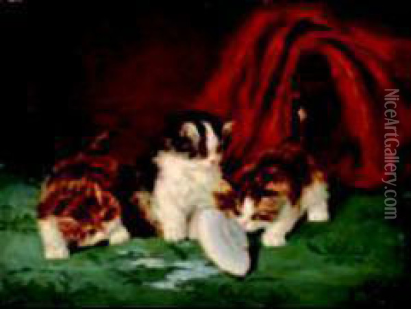 Trois Chatons Jouant Oil Painting - Daniel Merlin