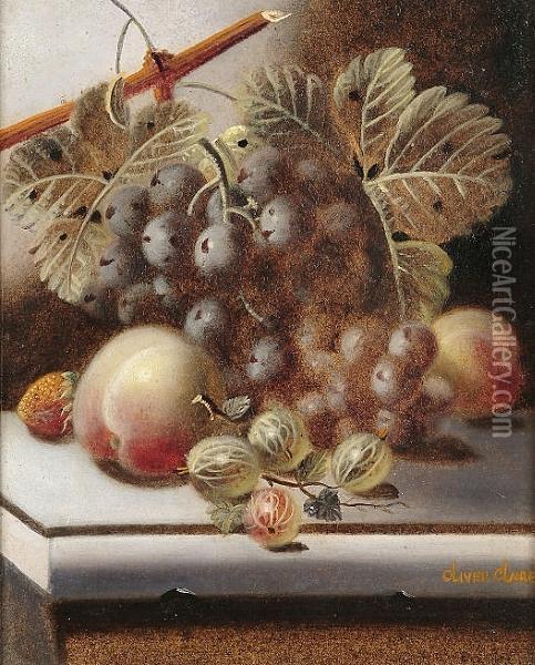 Still Life Of Fruit On A Marble Ledge Oil Painting - Oliver Clare