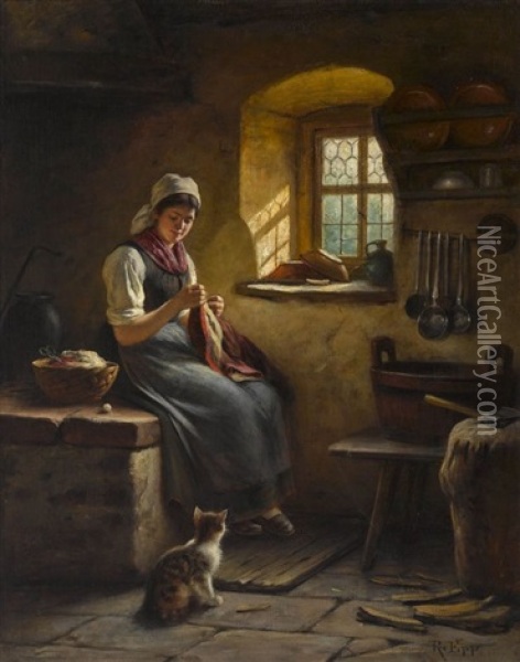 Bauernmadchen Bei Der Naharbeit Oil Painting - Rudolf Epp