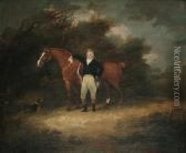 A Gentleman Standing With His Horse And A Dog In A Landscape Oil Painting - Dean Wolstenholme, Snr.