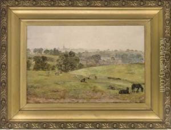 Horses Grazing In A Somerset Landscape Oil Painting - William Davis