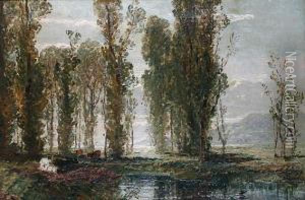 Landscape With Cattle By A Stream Beforepoplar Trees Oil Painting - Edwin Ellis