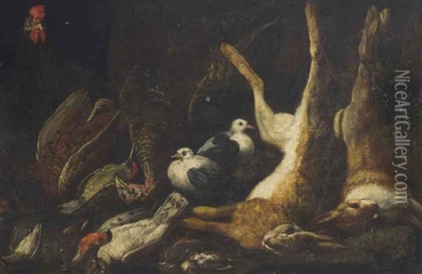 Dead Hares, Pheasants, Ducks And Birds, With A Rooster And Pigeons Oil Painting - Jan Fyt