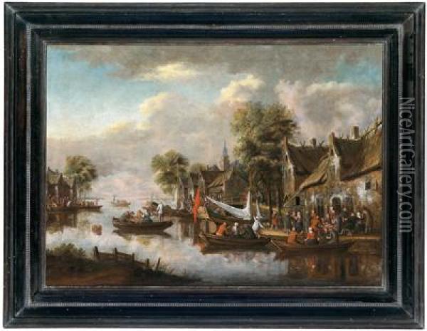 Villaggio Fluviale Con Molte Imbarcazioni E Figure Oil Painting - Thomas Heeremans