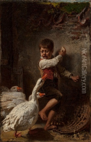 Boy Frightened By Geese, 1877 Oil Painting - Tobias Edward Rosenthal
