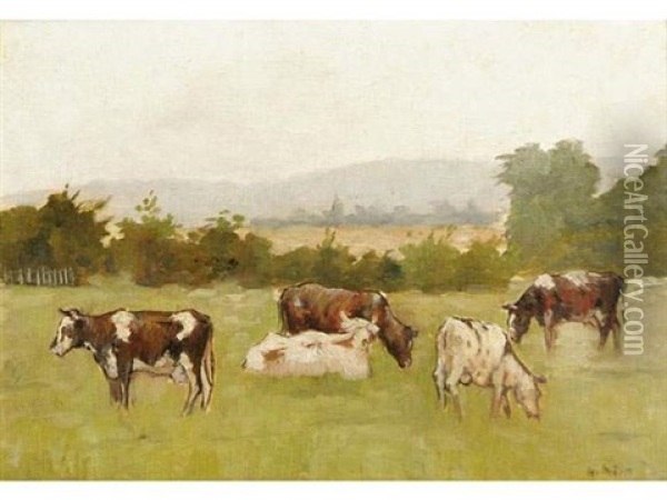 Les Vaches Au Pre Oil Painting - Hermann Moest