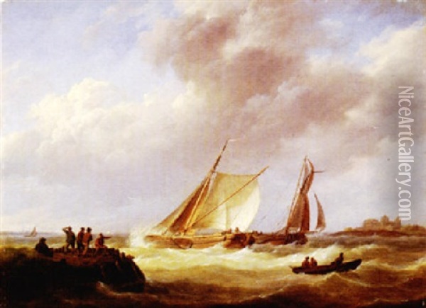 Segelschiffe Bei Sturmischer See Vor Der Kuste Oil Painting - Johannes Hermanus Koekkoek