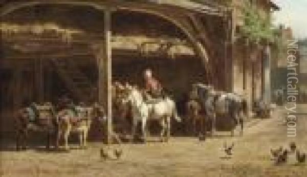 Donkeys And Horses Gathered Under A Shelter N A Summer's Day Oil Painting - Willem Carel Nakken