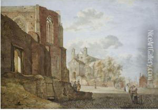 View Of A City Square, With The Ruined Weidenbach Cloister To Theleft And St. Panteleon, Cologne, Behind, After Van Der Heyden Oil Painting - Hermanus Petrus Schouten