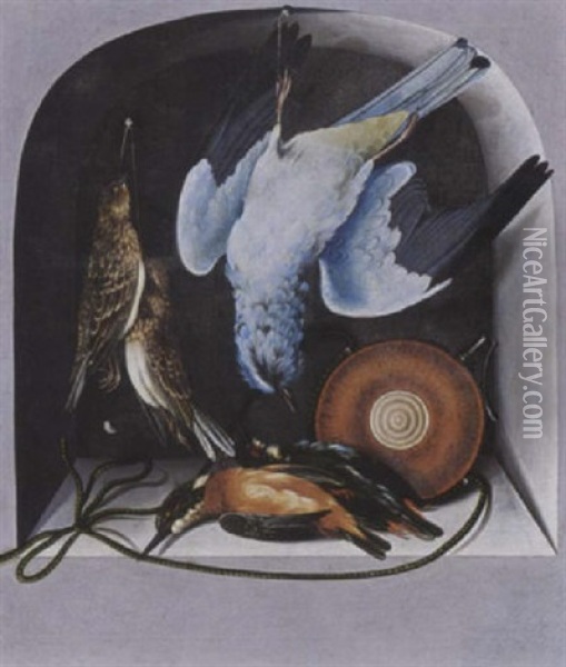 A Trompe L'oeil With A Hunting Still Life Of Birds And A Flacon In A Niche Oil Painting - Cornelis (Bilcius) Biltius