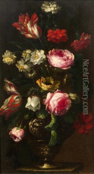 Goldvasen Mit Rosen, Tulpen, Und Narzissen (pair) Oil Painting - Bartolommeo Bimbi