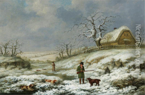 Snipe Shooting In A Winter Landscape Oil Painting - James Barenger