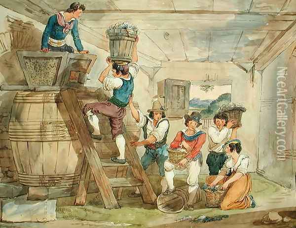 Grape-pickers carrying grapes to the press Oil Painting - Achille Pinelli