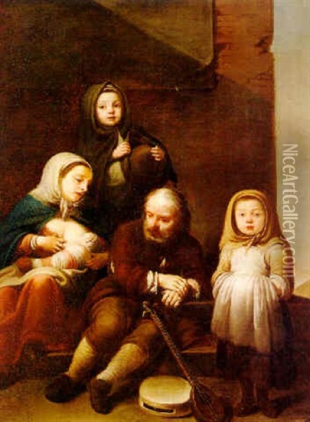 A Street Musician And His Family Oil Painting - Antonio Beccadelli
