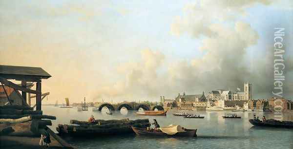The Building of Westminster Bridge 1750 Oil Painting - Samuel Scott