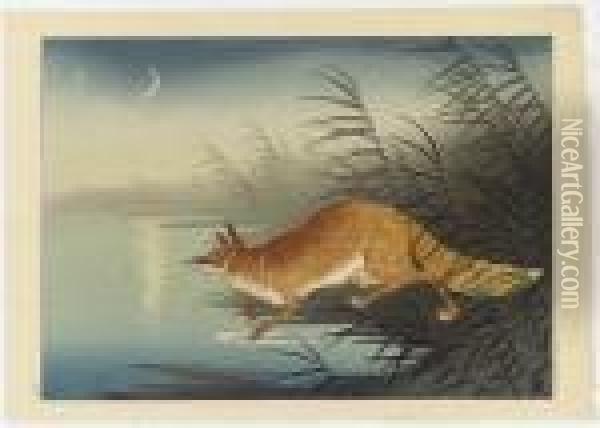 Seven Woodcuts: A Fox In Reeds At A Pond's Edge, A Crescent Moon Above Oil Painting - Ohara Koson