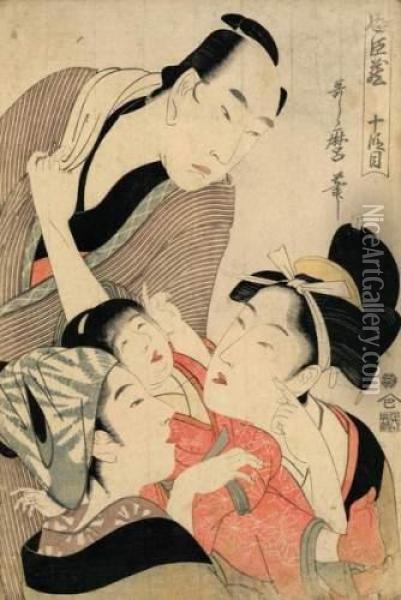 Deux Jeunes Femmes Avec Un Enfant Observe Par Un Ronin. Oil Painting - Kitagawa Utamaro