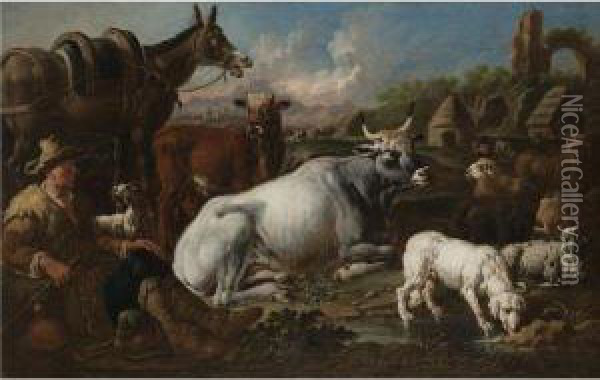 An Extensive Landscape With A Herdsman Resting His Flock Near
Ancient Ruins Oil Painting - Jakob Roos