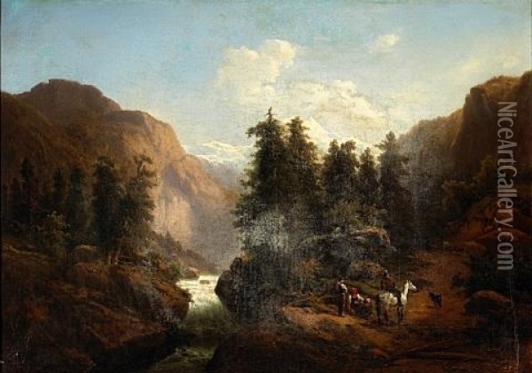Travelers At Rest In An Alpine Landscape Oil Painting - Henri Baumgartner