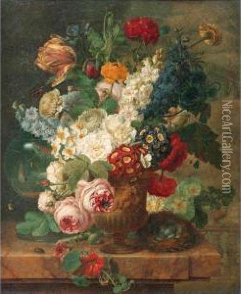 Nature Morte Au Vase De Fleurs, Bocal De Poissons Et Nid D'oiseausur Un Entablement Oil Painting - Christiaan van Pol
