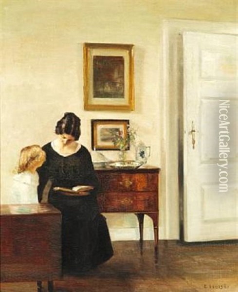 Interior With The Artist's Wife Reading Aloud For Their Daughter Oil Painting - Carl Vilhelm Holsoe