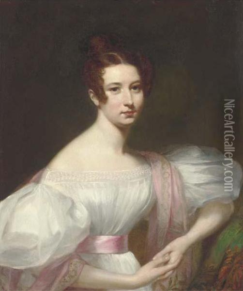 Portrait Of A Lady, Half-length, In A White Dress With A Pink Shawland Sash Oil Painting - William Gush