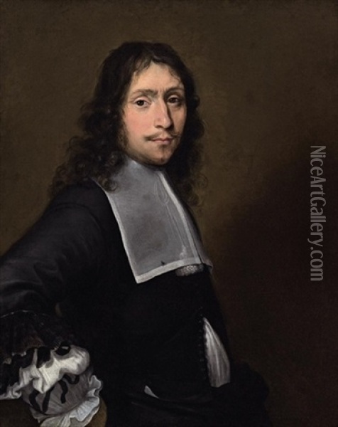 Portrait Of A Gentleman In A Black Doublet With A White Collar Oil Painting - Sebastien Bourdon
