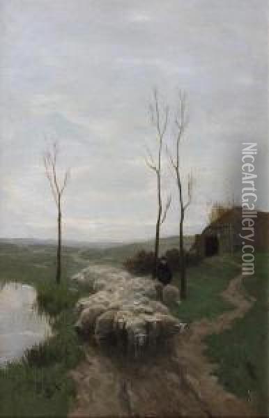 Shepherd And Flock By A Pond Oil Painting - Willem Steelink