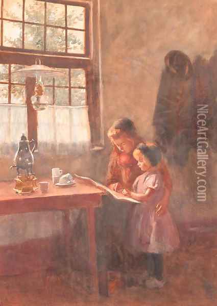 Girls reading in an interior Oil Painting - Heinrich Martin Krabb
