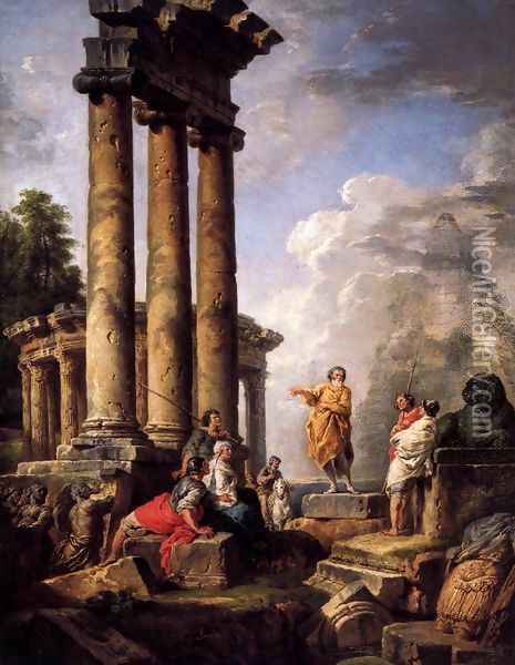 Ruins with St Paul Preaching Oil Painting - Giovanni Paolo Pannini