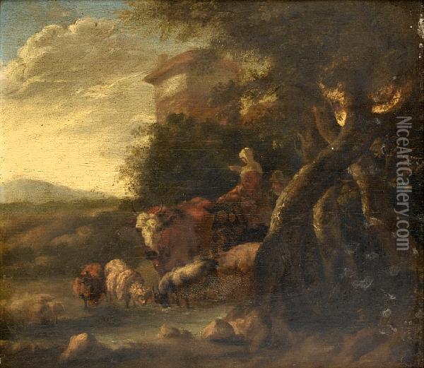A Drover And A Shepherdess Watering Cattle And Sheep At A Stream Oil Painting - Michiel Carre