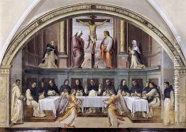 St Dominic and his Friars Fed by Angels 1536, Fresco Oil Painting - Giovanni Antonio Sogliani