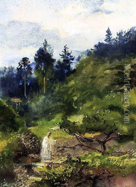 Looking Over The Garden Wall And Steps Toward The Temple Eclosure Of Iyeyasu Aka Priest Comig From The Temple Nikko Japan Oil Painting - John La Farge