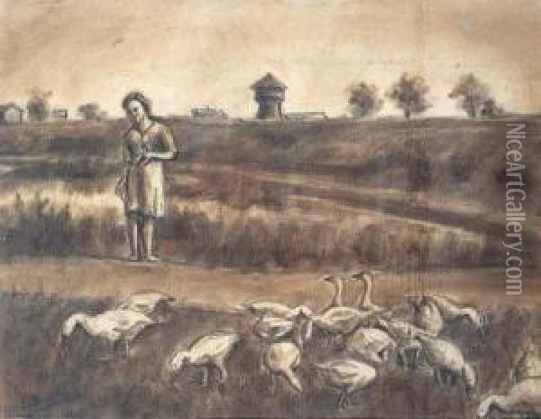 Geese Shepherd Oil Painting - Leonid Ossipovich Pasternak