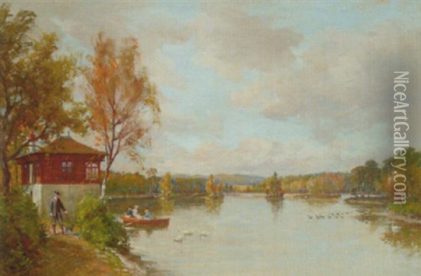 Figures Boating On A Lake Oil Painting - Hector Chalmers
