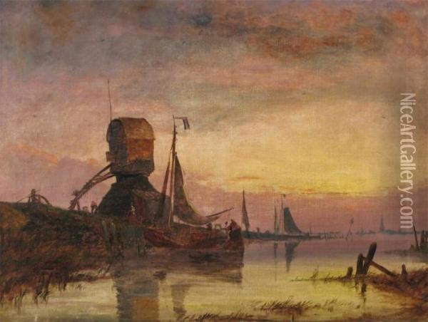 A Dutch River Near Rotterdam Oil Painting - Richard Henry Nibbs
