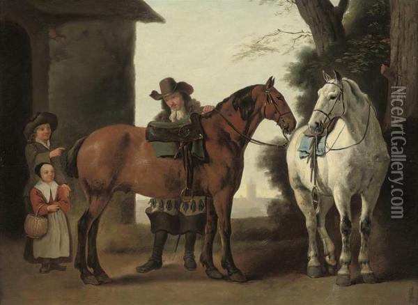 A Soldier With Two Horses And Children In A Courtyard Oil Painting - Abraham Van Calraet