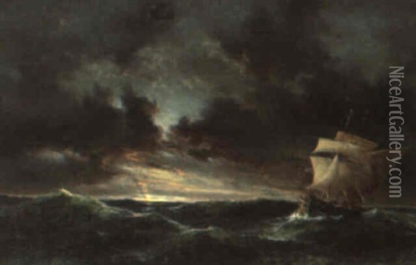 Marine Med Sejlskibe I Opr+rt Vand, Ved Aftentide Oil Painting - Daniel Hermann Anton Melbye