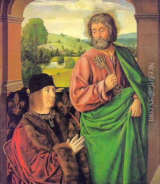 Pierre II- Duke of Bourbon, Presented by St. Peter 1492-93 Oil Painting - Master of Moulins (Jean Hey)