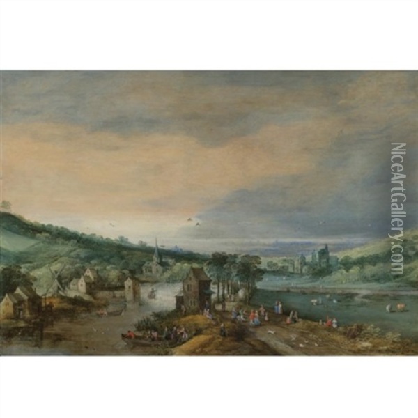 A River Landscape With Figures On A Road Passing A Town, And A Distant View Of The Sea ( Collab. W/ Jan Brueghel The Elder) Oil Painting - Joos de Momper the Younger