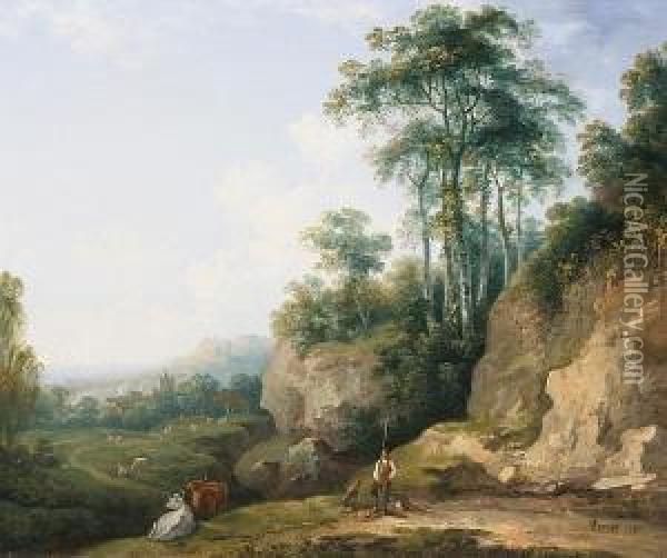 Drover And Cattle By An Outcrop Oil Painting - Abraham Pether