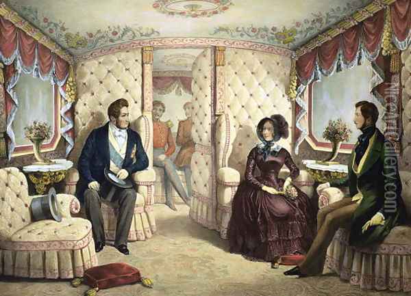 Interior of the Queens Railway Carriage, engraved by Jules David 1808-92, c.1844 Oil Painting - Edouard Pingret