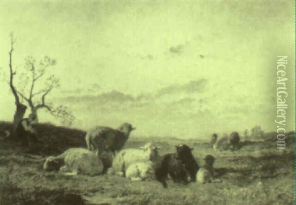 Sheep In A Landscape Oil Painting - Jacques Raymond Brascassat