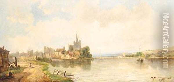 Figures On A Lakeside Path, A Town Beyond Oil Painting - A.H. Vickers